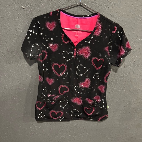 healing hands Tops - Women’s Healings Hands Black and Pink Heart Patterned Scrub Top